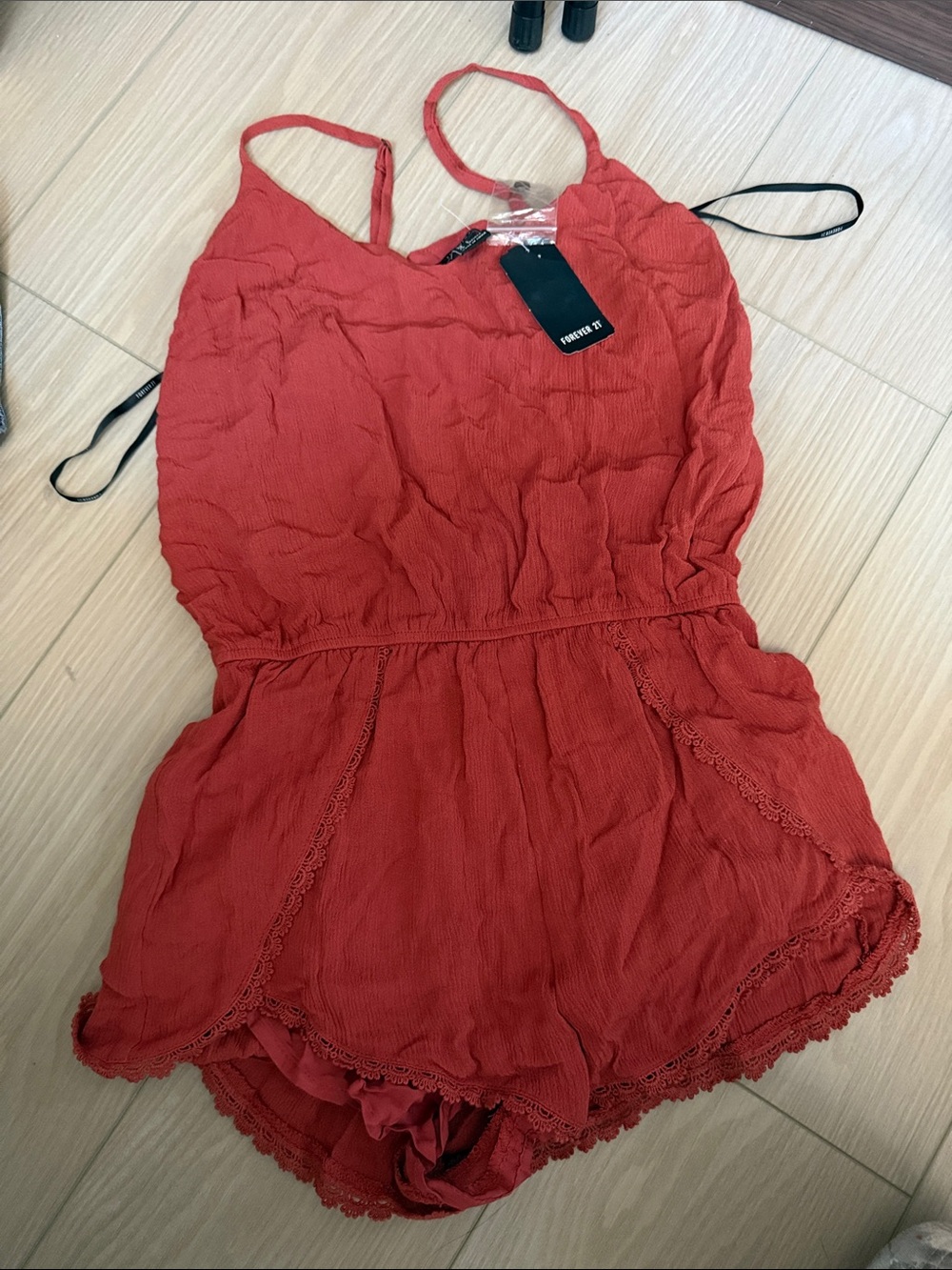 Forever 21 Brick Red Lace-Trim Spaghetti Strap Romper